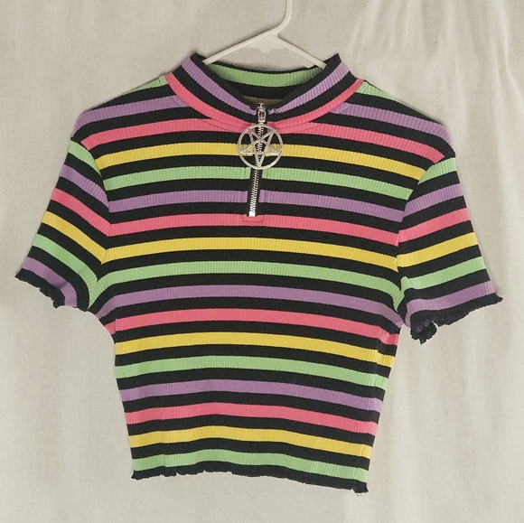 Killstar Tops - NWOT Killstar Rainbow Pastel Striped Rib Knit Pentagram Crop Top sz XL